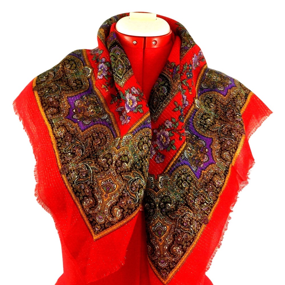 50s Fashion Floral Paisley Square Scarf Unrolled Hem Gold Metallic Thread